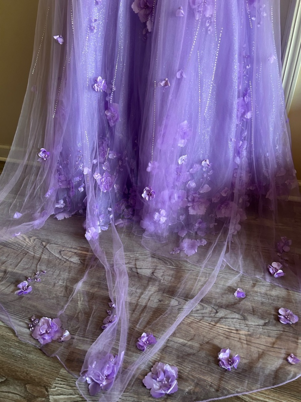 Ellie Wilde Lilac Embroidered Lace Organza Sparkly Prom Dress w/Cape‎ Sleeves 6 - Picture 15 of 16